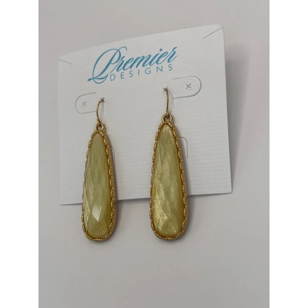 Premier Designs Gold Tone Elongated Shimmer Stone Dangle Earrings New
